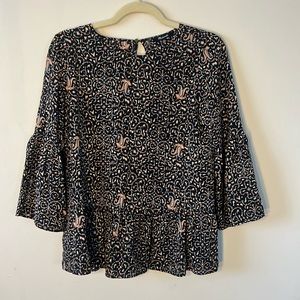 Madewell Women’s 100% Silk Peplum Blouse Black with Pattern 3/4 sleeve Size XS